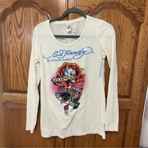 Ed Hardy VTG Women’s Medium Golden Rose of Love Graphic LS Off White Y2K Artsy